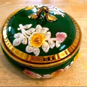 Vintage S.A. Leart Co. Portugal Green Gold Embossed Floral Covered Dish